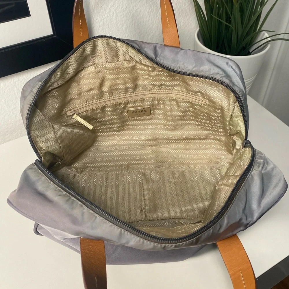 Prada Gray Nylon Satchel with Tan Leather Handles